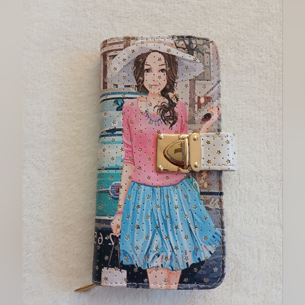 Chic Illustrated Wallet with Gold Accent